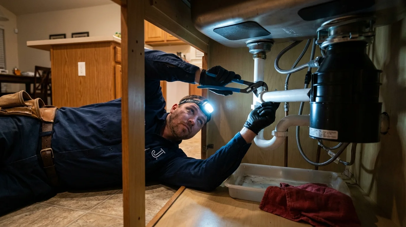 P-trap and supply line connections under a kitchen sink showing a common leak point in Crosby, MN